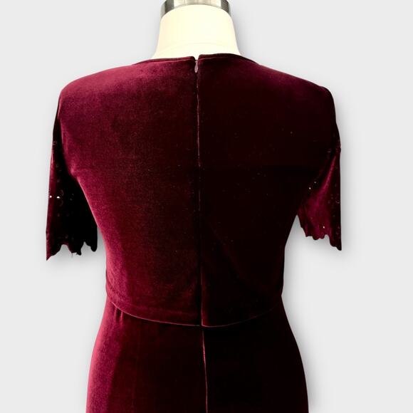 Vintage 90s Burgundy Velvet Column Gown Scallop Eyelet Overlay Maxi Dress Sz 14 - Picture 8 of 13